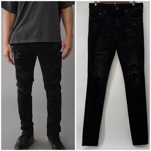 American Eagle Young Money Men's Black Patched Distressed Stacked Jeans Sz34x34